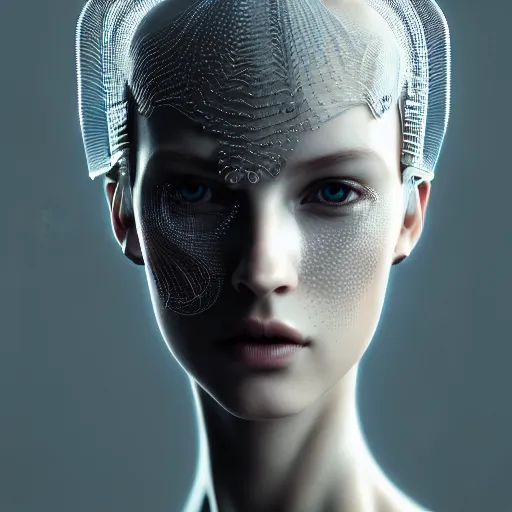 Image similar to closeup portrait of an absurdly beautiful, graceful, sophisticated, fashionable cyberpunk mechanoid gravure idol, an ultrafine hyperdetailed illustration by irakli nadar, matt wisniewski style, fashion photography, intricate linework, porcelain skin, jellyfish headdress, unreal engine 5 highly rendered, global illumination, radiant light, detailed and intricate environment