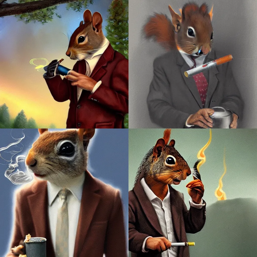 Prompt: of a matte painting of a character squirrel in a blazer smoking from a pipe