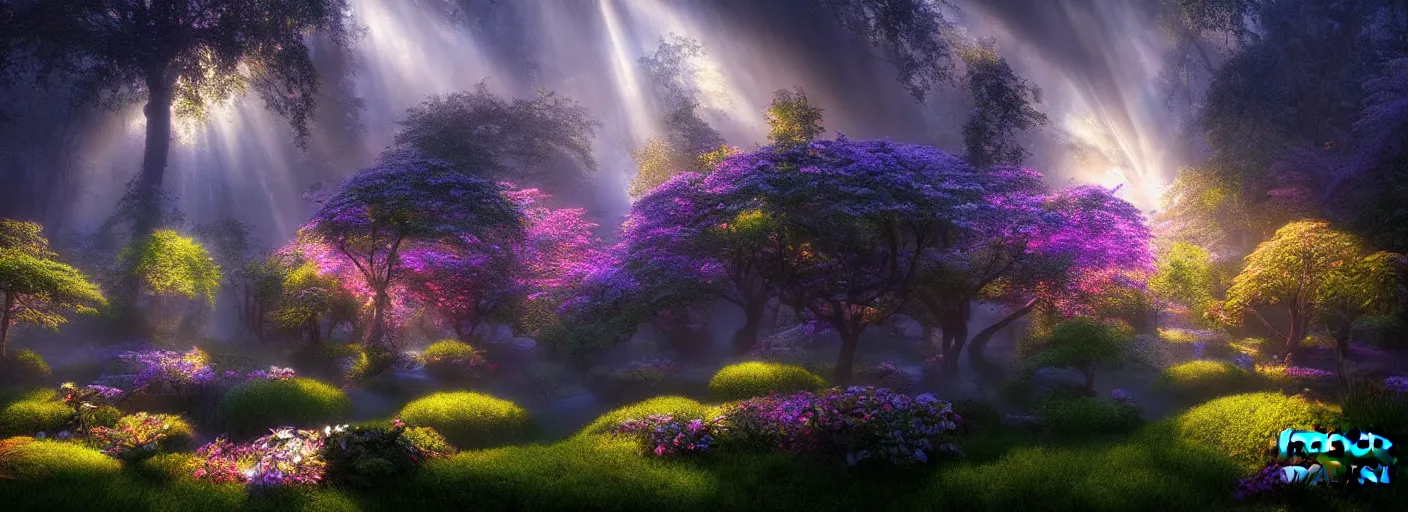 Image similar to photograph of enchanted garden, with rays of light by marc adamus, highly detailed, intricate detail, cinematic lighting