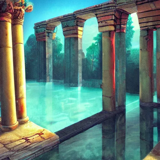 Prompt: a pool in a ancient ruins,retrowave art,trending on art station
