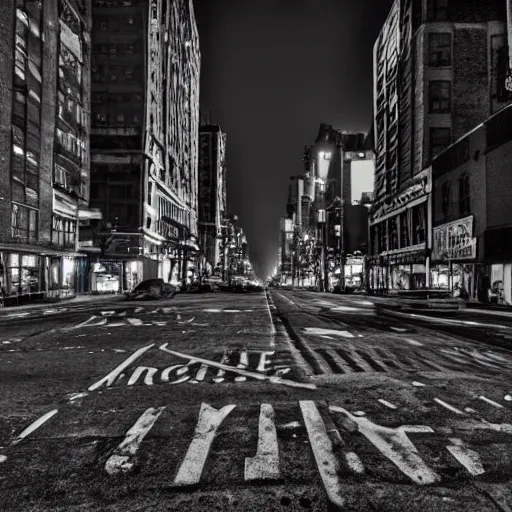 Image similar to highly detailed photo of abandoned New York city street at night after the war between humans and AIs, film grain, soft vignette, Canon EOS Digital Rebel XTi, 100-300mm Canon f/5.6, Exposure time: 1/160, ISO 400