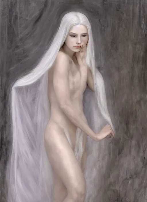 Image similar to thin angel with silver hair so pale and wan!, wearing robes, covered in robes, lone pale wan feminine goddess, wearing silver robes, flowing hair, pale skin, young cute face, covered!!, clothed! oil on canvas, style of lucien levy - dhurmer and jean deville, 4 k resolution, aesthetic!, mystery