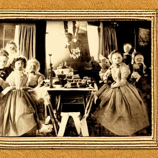 Image similar to demons tea party, antique photo, victorian era, cinematic lighting,