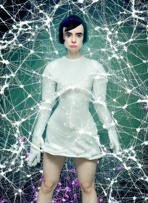 Prompt: hyper render - kawaii portrait ( space suit, chrome, porcelain forcefield, krysten ritter ) punching in network berry and her delicate hands hold gossamer polyp fungal flowers, dress, ryden, odilon