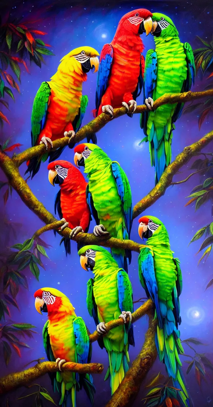 Image similar to realistic photo of colorful glowing parrots sitting on tree at dark night, very sharp focus, very hyper realistic, art of greg rutsowski, highly detailed, fantasy art station