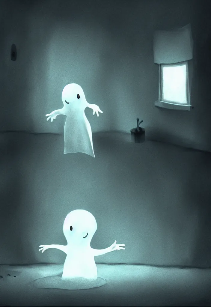 Prompt: depiction of the feeling of hopelessness, worthlessness, loneliness, of a friendly ( cute cartoon ) ghost. ambient occlusion, ray tracing render, 3 5 mm, italian horror film concept art, extremely atmospheric painting.