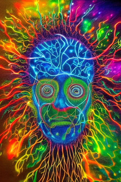 Prompt: electric brain neurons, painted by peter lloyd and frank wu, trending on artstation, rembrandt lighting front view iridescent colors, chalk art, macro, magic realism, manierism