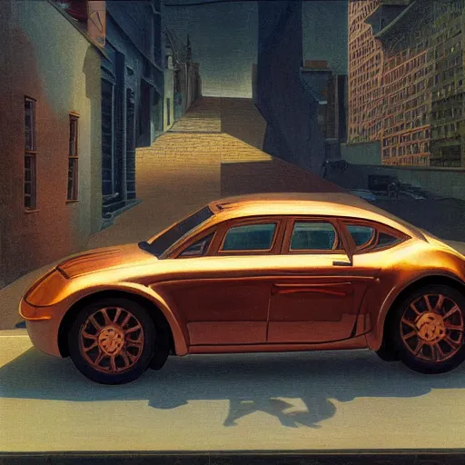 Image similar to copper colored sport car racing through a street in nyc, painted by, mc escher, gordon onslow ford, georgia o'keeffe and ivan aivazovsky, cinematic light, god rays, colourful.