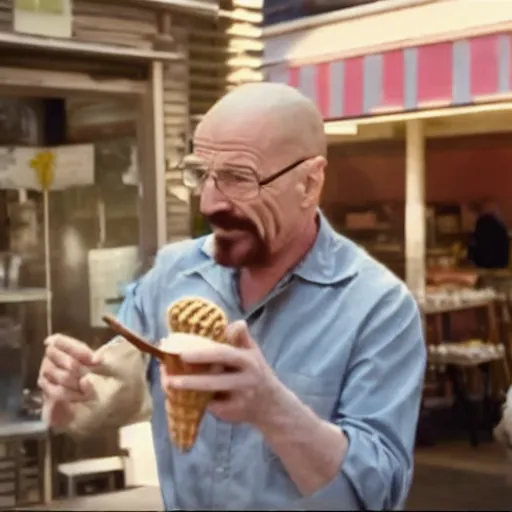 Prompt: a movie still of a happy Walter White selling ice cream at an ice cream story