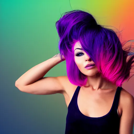 Image similar to a award winning upper body portrait of a beautiful woman in a tanktop with a ombre purple pink hairstyle with head in motion and hair flying, outrun, vaporware, vivid colors, highly detailed, fine detail, intricate