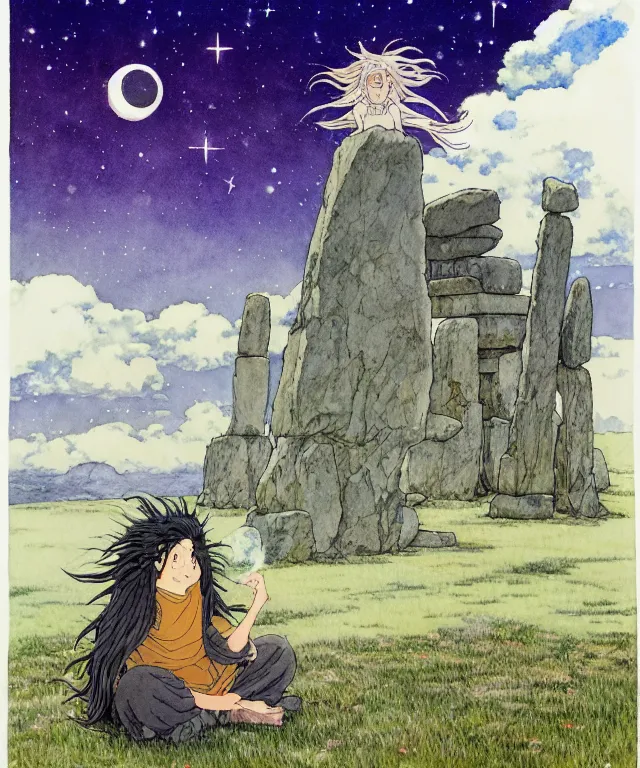 Image similar to a hyperrealist studio ghibli watercolor fantasy concept art. in the foreground is a giant long haired grey sasuatch sitting in lotus position on top of stonehenge with shooting stars all over the sky in the background. by rebecca guay, michael kaluta, charles vess