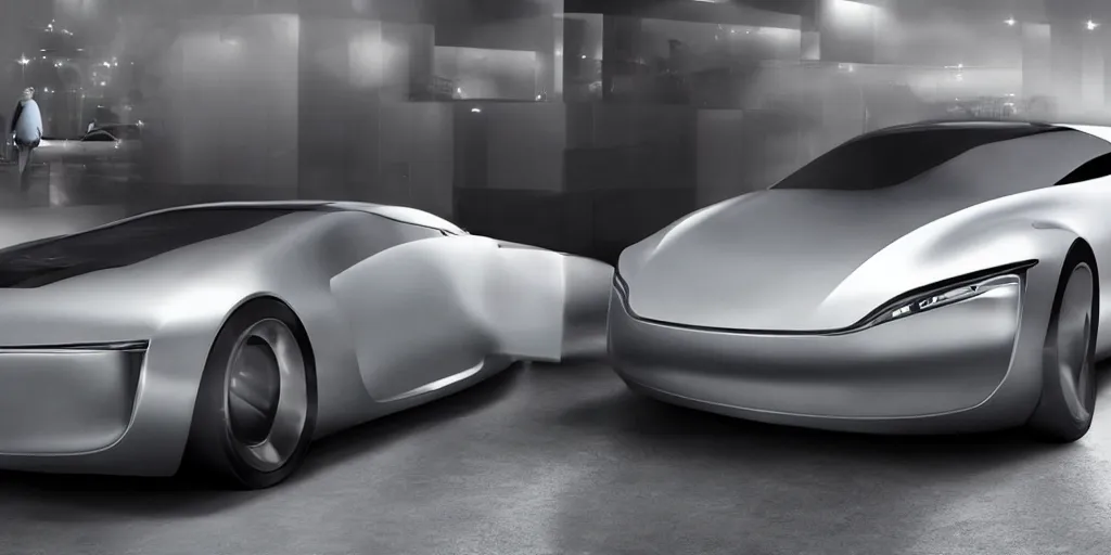 Prompt: a futuristic minimal silver sports car sedan designed by Apple, Jonny I’ve and Steve Jobs.