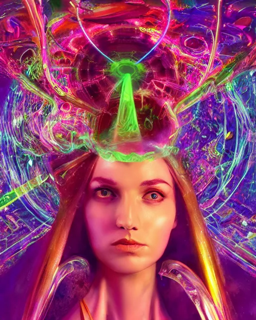 Image similar to a powerful energy psychedelic matrix priestess, by alexander fedosav, hyper detailed digital matte painting, concept art, hyperrealism, 1 6 k resolution, cinema 4 d, 8 k resolution, trending on artstation, behance hd, a masterpiece, by stephan martiniere, particles, cel - shaded, power bright neon energy, by david a. hardy,