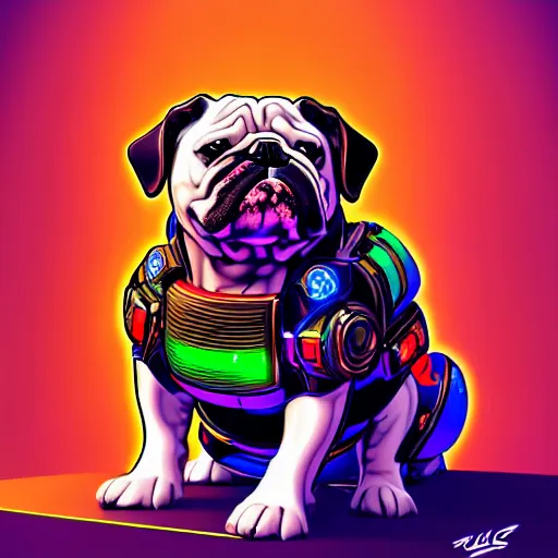 Image similar to « a comic styled cyborg bulldog sitting down, cyberpunk digital art by greg rutkowsky, illustration, colourful, sharp focus, highly detailed, future tech, sketchfab »