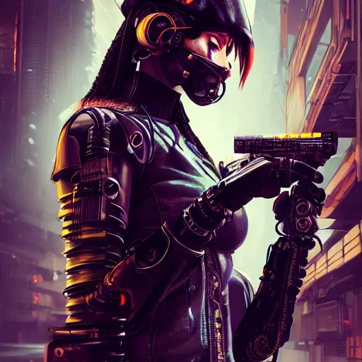 Image similar to cybernetic hunter, cyberpunk, wires, skulls, machines gutter punk steampunk cyborg, yakuza, golden ratio, details, scifi, fantasy, cyberpunk city, intricate, decadent, highly detailed, octane render, digital painting, artstation, concept art, sharp focus, illustration, art by artgerm, loish, wlop