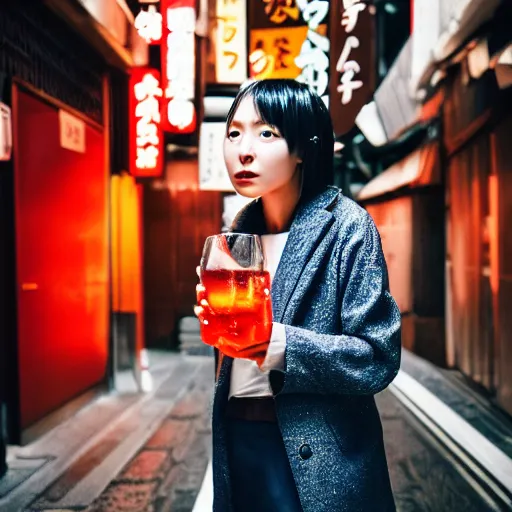 Image similar to portrait of a young japanese woman drinking a campari spritz in a tokyo alley at night, raining, photography