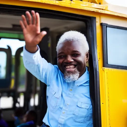 Image similar to African-American school bus driver smiling and waving at children as they exit a yellow school.