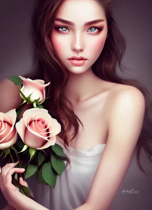 Image similar to a gorgeous female photo, professionally retouched, soft lighting, holding a bouquet of roses, realistic, smooth face, perfect eyes, wide angle, sharp focus on eyes, 8 k high definition, insanely detailed, intricate, elegant, art by artgerm and wlop