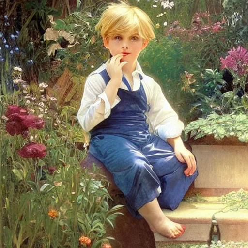 Prompt: a cute seven year old boy with short tousled blonde hair and blue eyes in a lovely garden, beautiful painting by artgerm and greg rutkowski and alphonse mucha, highly detailed face