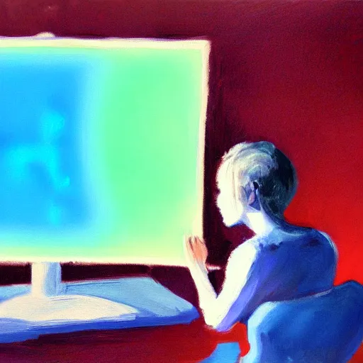 Prompt: discord moderator sitting in front of screen, blue light filling the dark room, oil painting