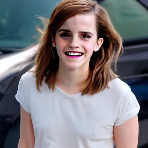 Prompt: emma watson unapologetically grinning from her car window, paparazzi photo, tabloid, perfect clear eyes, movie promo image, 4 k