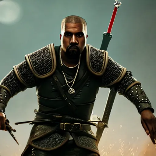 Image similar to kanye west in the witcher 3, splash art, movie still, cinematic lighting, dramatic, octane render, long lens, shallow depth of field, bokeh, anamorphic lens flare, 8 k, hyper detailed, 3 5 mm film grain