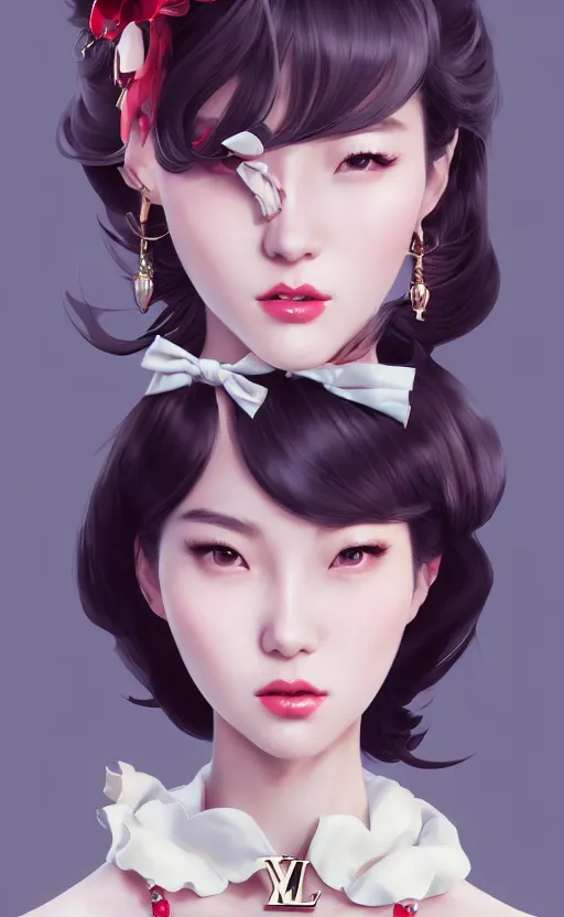 Image similar to a pin up and beautiful fashion charming dreamlke korea girl with lv jewelry, character art, art by artgerm lau and kyoung hwan kim and and ilya kuvshinov and john singer sargent, hyperdetailed, 8 k realistic, symmetrical, frostbite 3 engine, cryengine, dof, trending on artstation, digital art