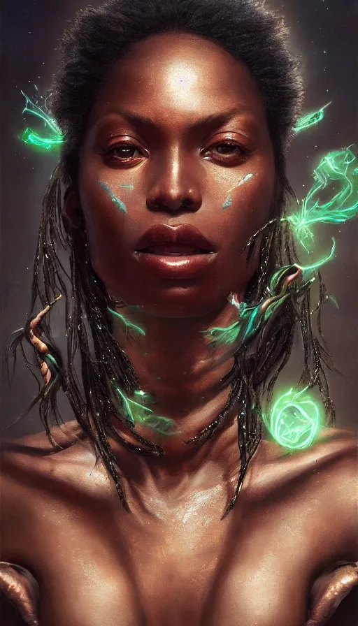 Prompt: epic masterpiece portrait of a dark skin sorceress with a magic wand, african tribe, sweaty skin, hyperrealistic, octane render, cinematic, followed by heads with many faces, beautiful face and flawless skin, perfect hands, emeralds by Edgar Maxence and Ross Tran and Michael Whelan, Legends of Runeterra