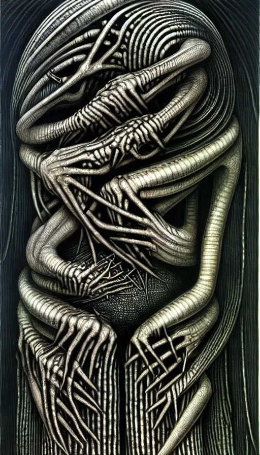 Prompt: the two complementary forces that make up all aspects and phenomena of life, by HR Giger