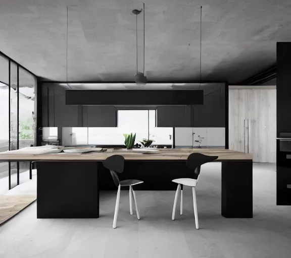 Image similar to brutalist black house kitchen with 2 islands interior design minimalist organic, organic architecture furniture open space high quality octane render blender 8 k