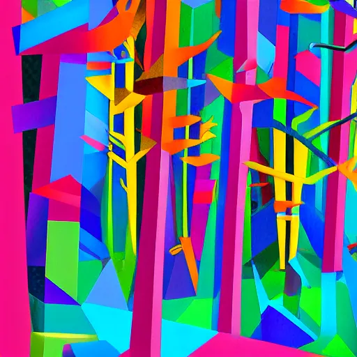 Prompt: cubism style of colorful geometric forest, digital art