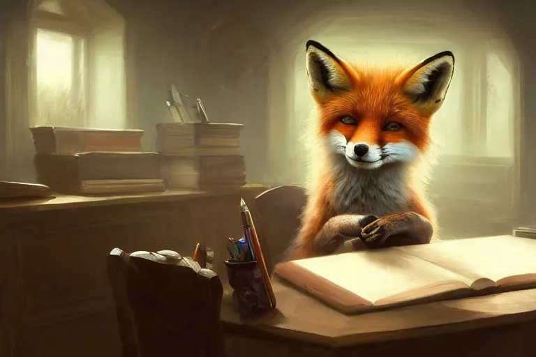 Prompt: portrait of a fox sat at a school desk doing schoolwork, trending on artstation, highly detailed, digital painting, volumetric light, concept art, middle focus, illustration, lighting by Marc Adamus, daren bader, aleksi briclot, rutkowski, bouguereau