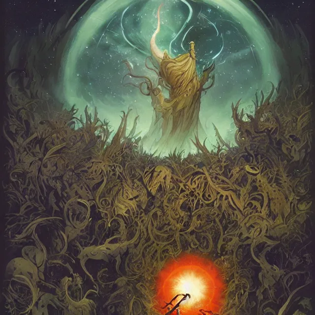 Image similar to a circle of druids conjuring the cosmos into existence by greg rutkowski and frank frazetta and peter mohrbacher and william blake and dan mumford