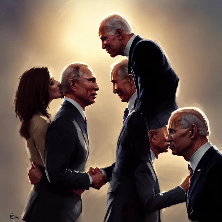 Image similar to putin kisses biden, detailed digital art by greg rutkowski.