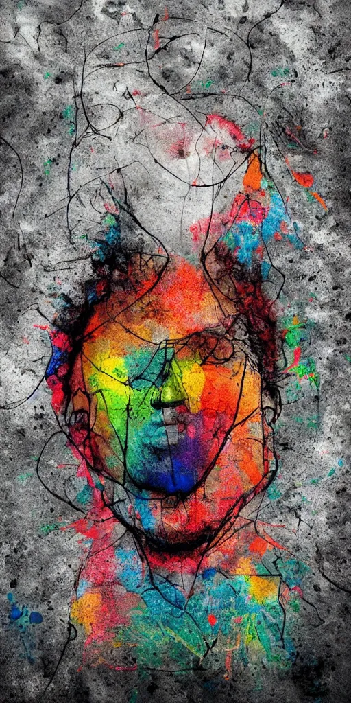 Image similar to Esao Andrews, minimalistic graffiti masterpiece, minimalism, 3d abstract render overlayed, black background, psychedelic therapy, trending on ArtStation, ink splatters, pen lines, incredible detail, creative, positive energy, happy, unique, negative space, face, Gertrude Abercrombie