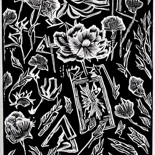 Prompt: An ink drawing of a floral collapse, DSLR, black paper, tarot card