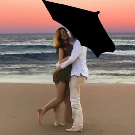 Image similar to cthulu photobombing a romantic selfie on a beach at sunset