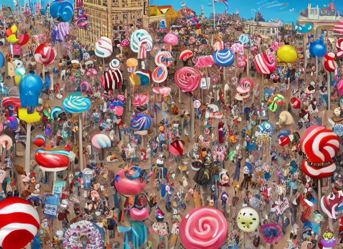 Image similar to where's waldo, lollipops and donuts, lowbrow, matte painting, 3 - d highly detailed, in the styles of lilla alvarado, camille rose garcia