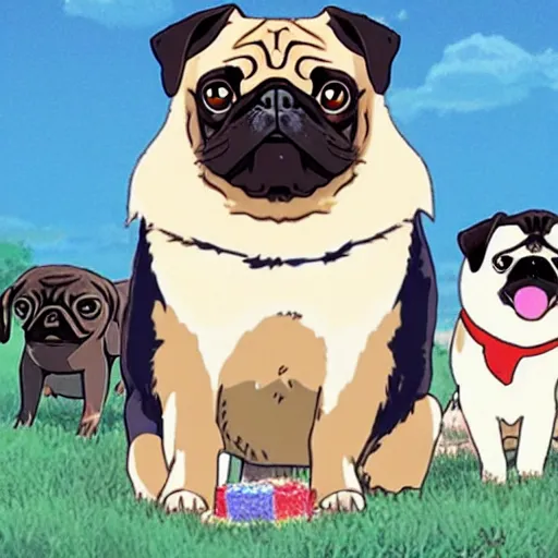 Image similar to Pug birthday in the style of studio Ghibli