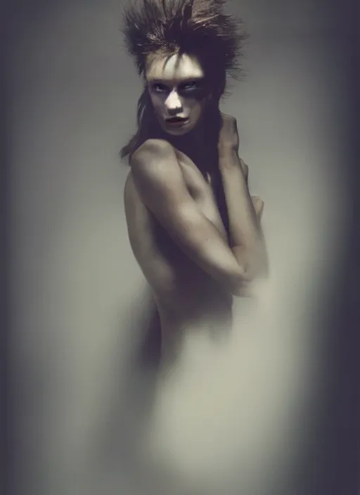 Image similar to close up of a fashion model on acid, posing in dramatic lighting, by paolo roversi, masterpiece