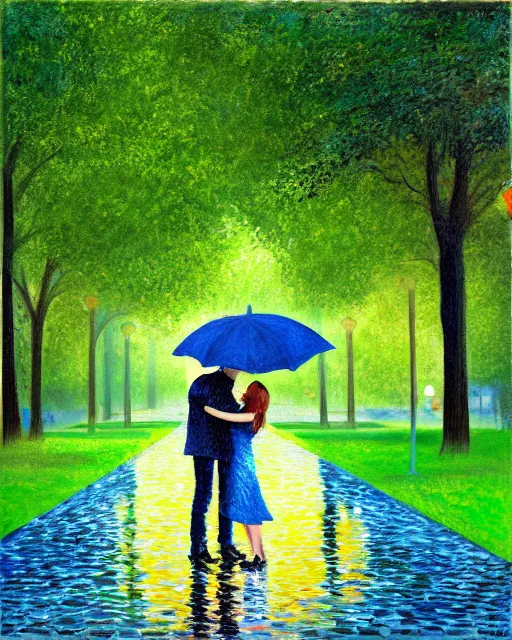 Image similar to raindrops, rain, square, park, lake, man and woman under a black umbrella, trees, kiss, paths, lake, impressionism.