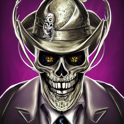 Image similar to a detailed portrait of a fancy skeleton with expressive features and metallic teeth, metal teeth, skeleton in a suit, purple glowing eyes, fantasy art, character, wizard, barbarian