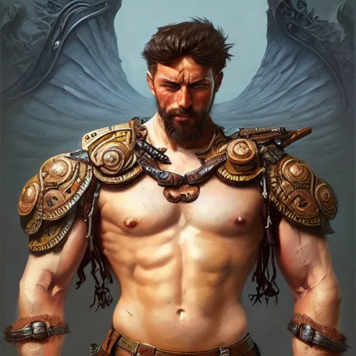 Prompt: full body of rugged warrior, upper body, D&D, muscular, fantasy, intricate, elegant, exposed thighs, highly detailed, digital painting, artstation, concept art, smooth, sharp focus, illustration, art by artgerm and greg rutkowski and alphonse mucha