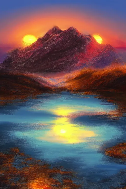 Image similar to sunrise mountain water digital art by arti chauhan trending on artstation