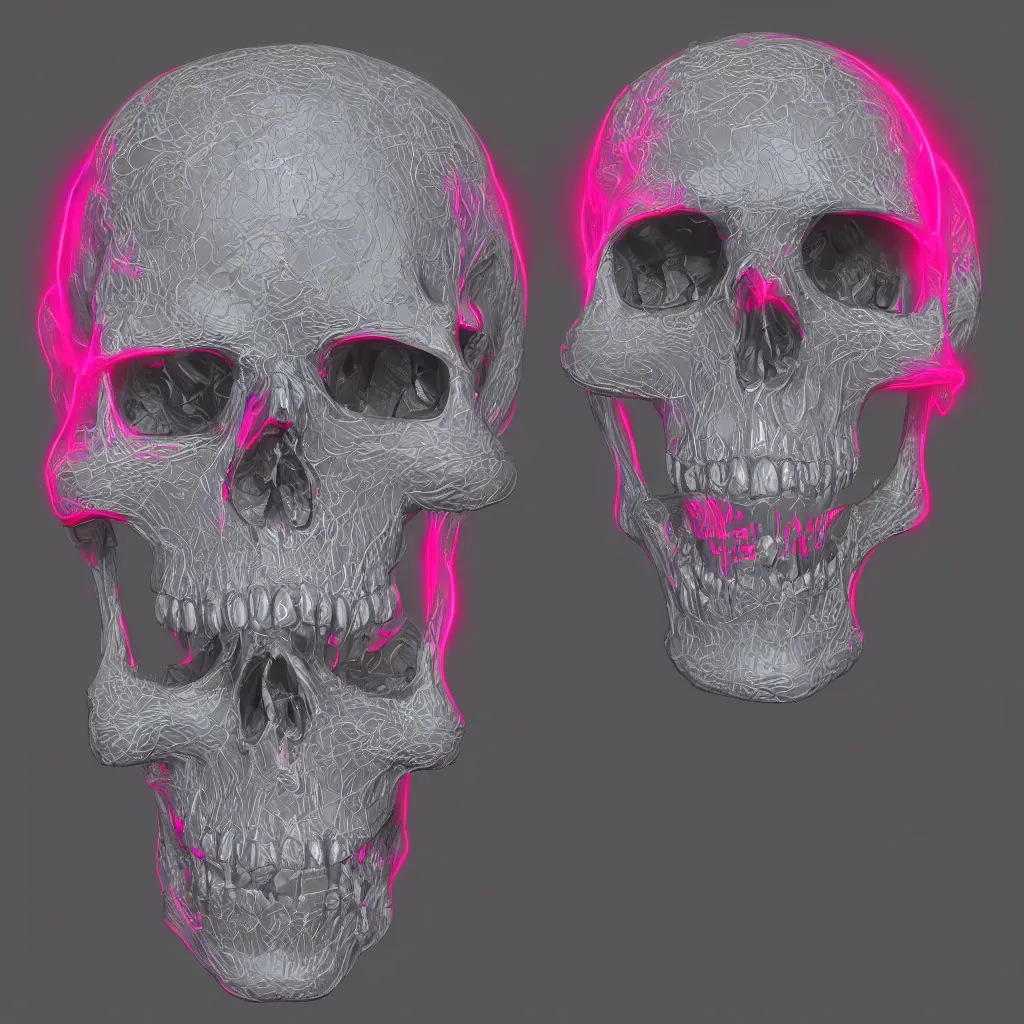 Prompt: A neon skull digital sculpture, Autodesk 3ds Max, Vray, Corona Renderer, Pixologic Zbrush, and Wacom Intuos