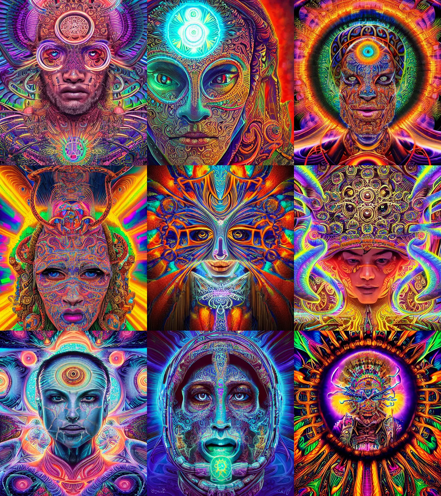 Prompt: a intricate ornate psychedelic graffiti of a shaman with a glowing third eye, digital art by artgerm, alex grey, dan mumford, felix kelly, psychedelic art, psychedelic, fractalism, fractals, sacred geometry, trending on artstation, hyper realism, highly detailed, cgsociety, octane render, raytracing, 3 d