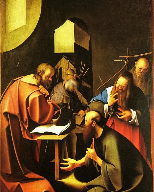 Prompt: The Calling of St. Matthew by Caravaggio painting by Hieronymus Bosch