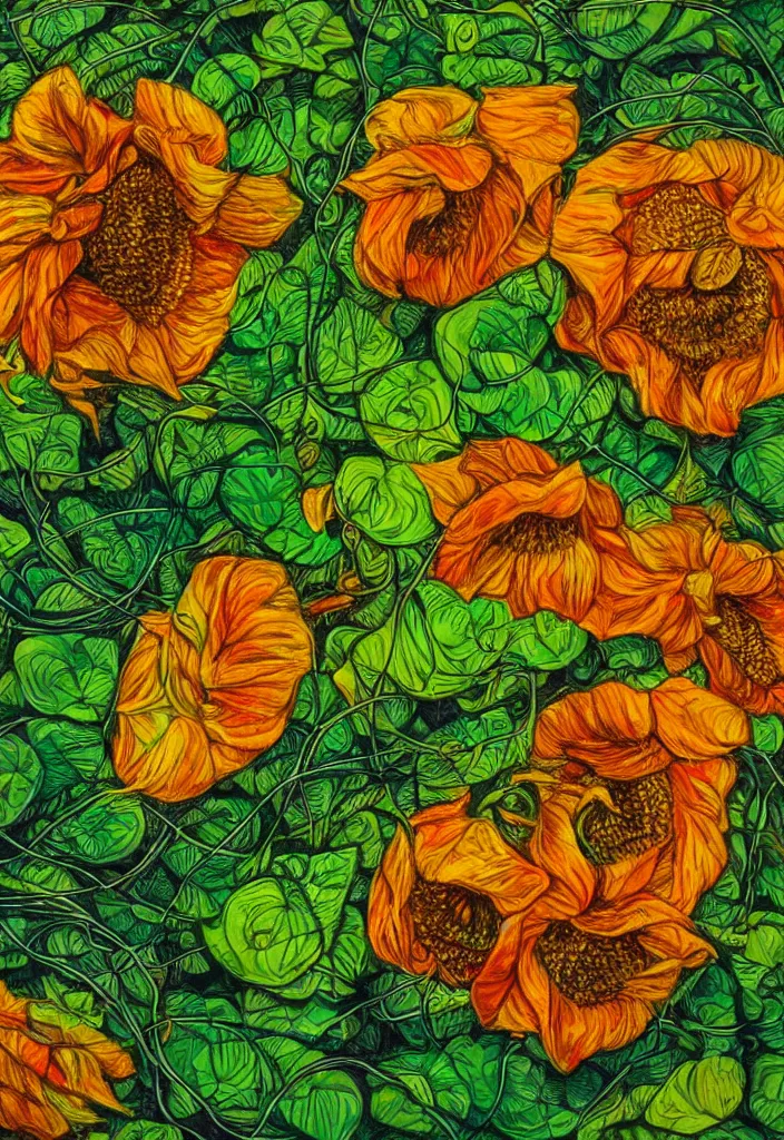 Image similar to award winning hyperrealistic artwork about entangled sunflowers and falling nasturtiums with vines, high definition, fine details, closeup, macro