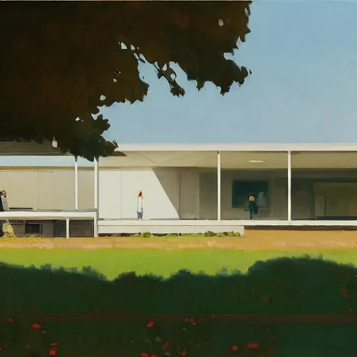 Prompt: farnsworth house painting by atey ghailan, character looking back, cinematic, masterpiece