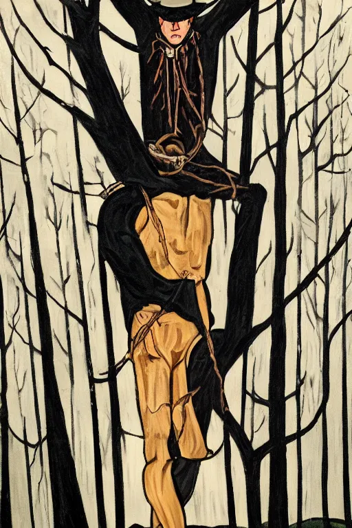 Prompt: a dark art deco painting of a handsome cowboy tied to a tree with wiccan symbols painted on him | background is dark twisted woods | tarot! card, art deco, art nouveau | by Mark Maggiori | trending on artstation